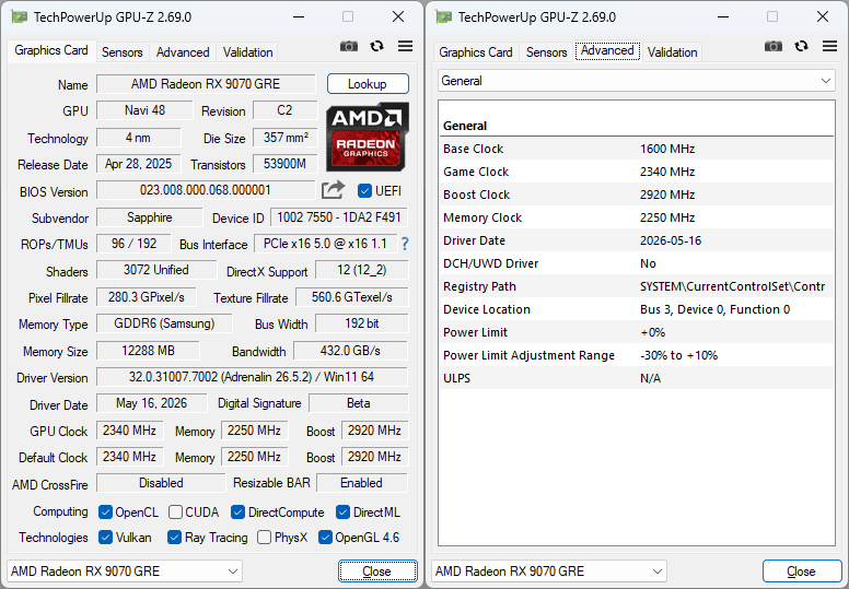 Pro zvětšení klikni Sapphire PULSE RX 9070 GRE GAMING OC 12G GPUZ