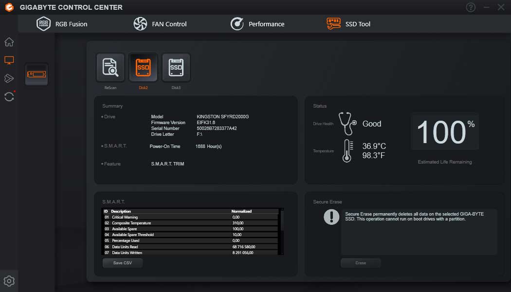 Pro zvětšení klikni Gigabyte Control Center; SSD Tool