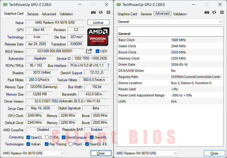 Gigabyte RX 9070 GRE GAMING OC 12G GPUZ; Silent BIOS