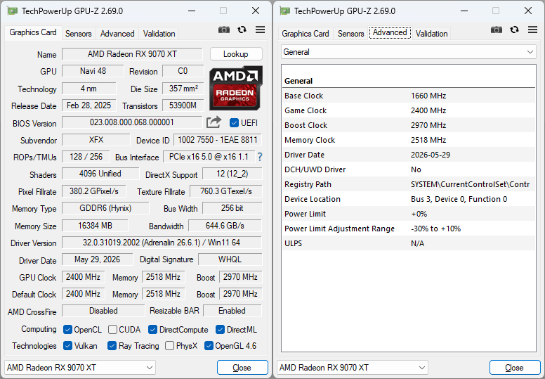 Pro zvětšení klikni XFX Swift RX 9070 XT Triple Fan 16G GPUZ