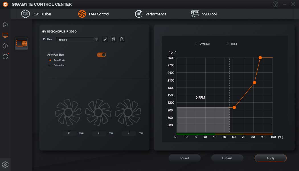 Pro zvětšení klikni Gigabyte Control Center; Fan Control