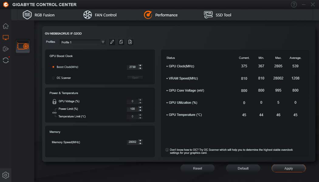 Pro zvětšení klikni Gigabyte Control Center; Performance