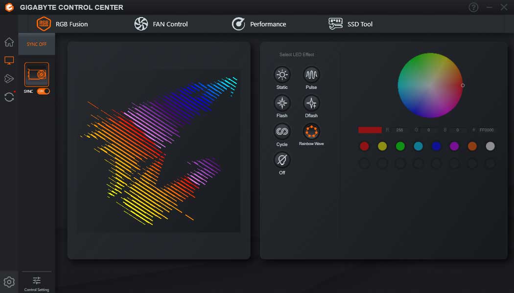 Pro zvětšení klikni Gigabyte Control Center; RGB Fusion