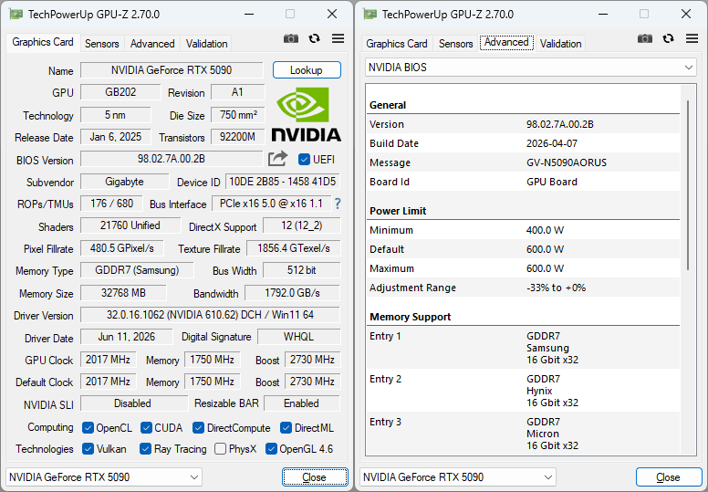 Pro zvětšení klikni Gigabyte AORUS RTX 5090 INFINITY 32G GPUZ