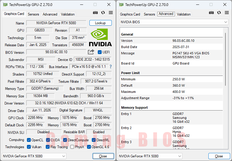 MSI RTX 5080 16G GAMING TRIO OC GPUZ; Gaming BIOS