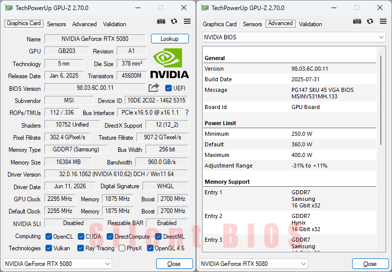 MSI RTX 5080 16G GAMING TRIO OC GPUZ; Silent BIOS