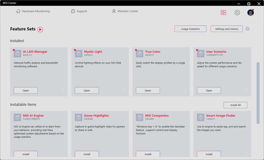 MSI Center; Feature Sets