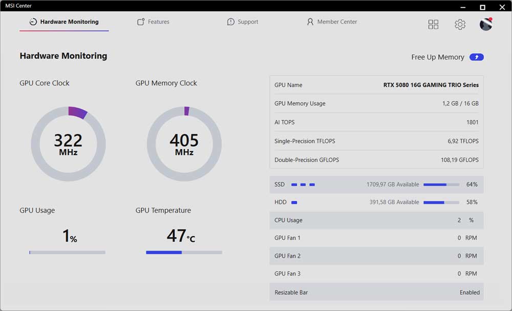 MSI Center; Hardware Monitoring