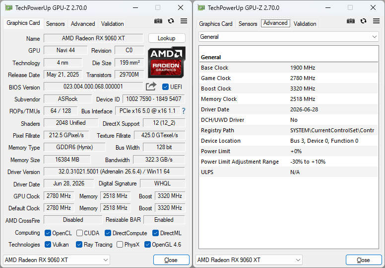 Pro zvětšení klikni ASRock RX 9060 XT Steel Legend OC 16G GPUZ