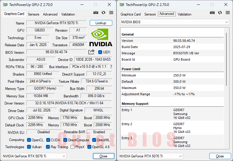 Asus ProArt RTX 5070 Ti O16G GPUZ; Quiet BIOS