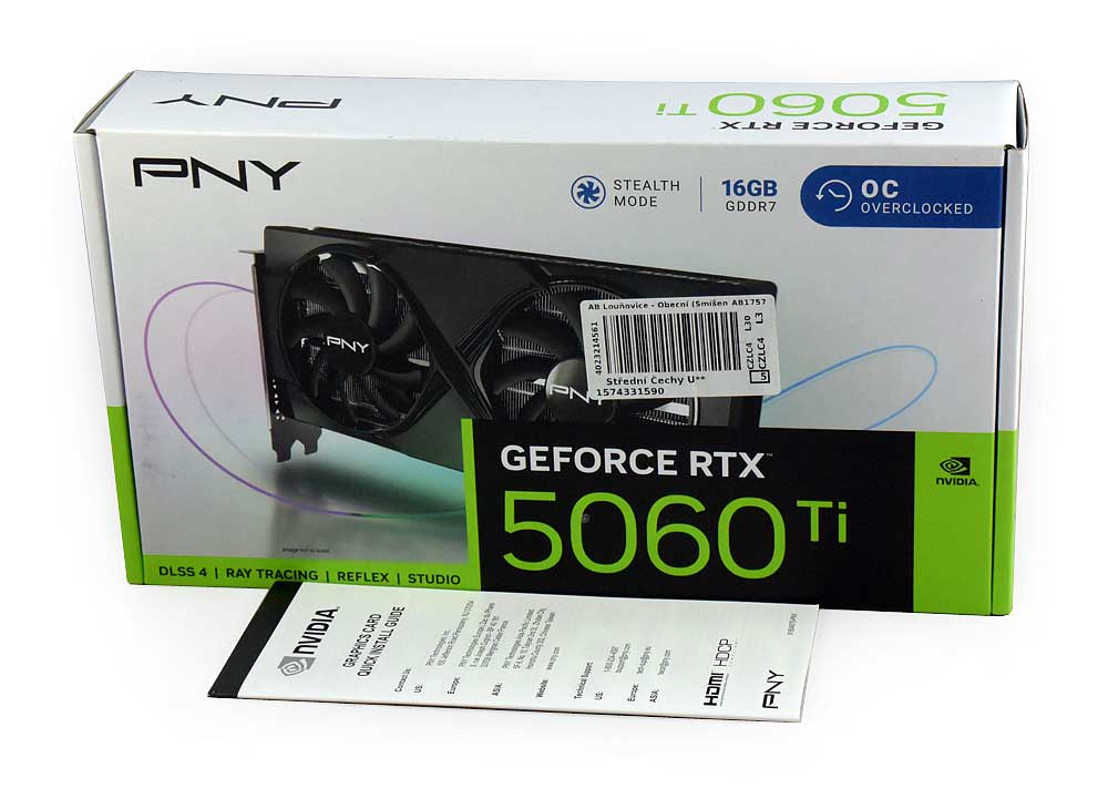Pro zvětšení klikni PNY RTX 5060 Ti 16G OC Dual Fan; balení