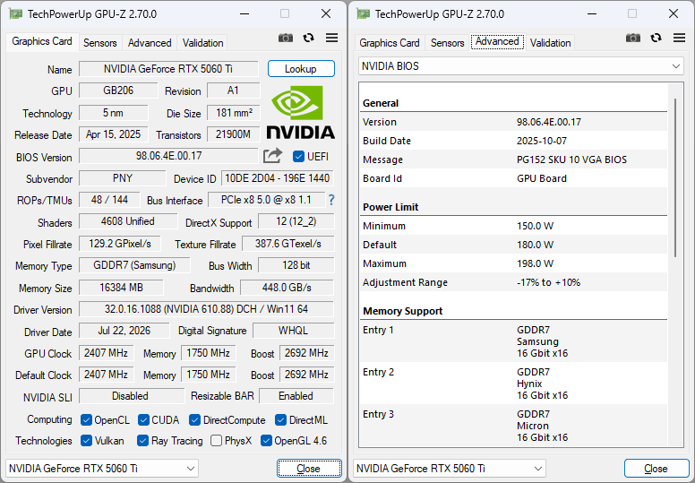 Pro zvětšení klikni PNY RTX 5060 Ti 16G OC Dual Fan GPUZ