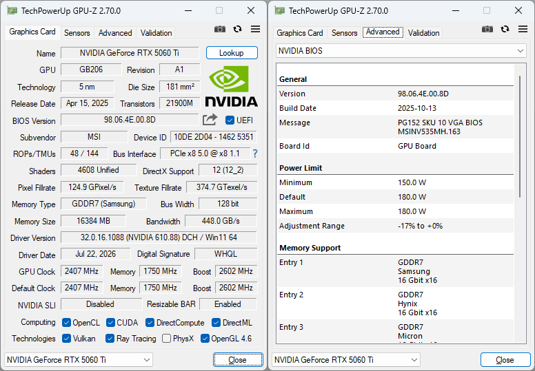Pro zvětšení klikni MSI RTX 5060 Ti 16G VENTUS 2X OC PLUS GPUZ