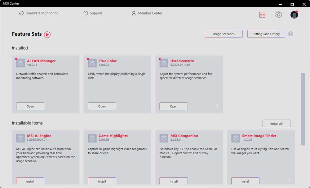 MSI Center; Feature Sets