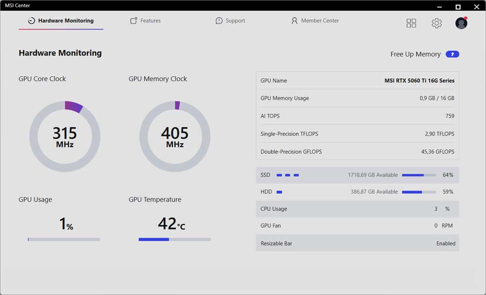 MSI Center; Hardware Monitoring