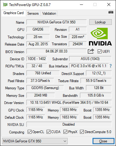 Asus Strix GTX 950 DC2OC Gaming GPUZ